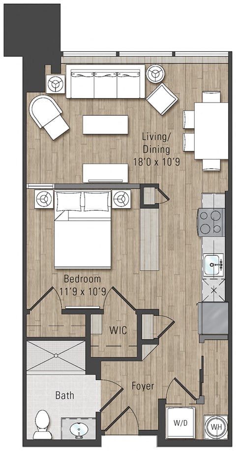 Floor plan for 1 bed, 1 bath, 640 sqft
